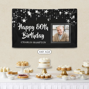 80th Birthday Photo Black White Silver Stars Banner