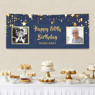 80th Birthday Photo Blue Gold Stars Personalised Banner