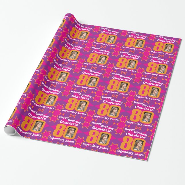 80th Birthday photo bright girls pink gift wrap (Unrolled)