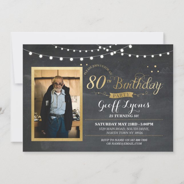 80th Birthday Photo Chalk Rustic Gold Invitation (Front)