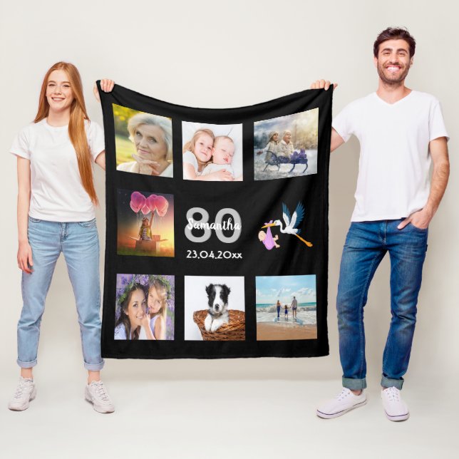 80th birthday photo collage black fleece blanket (In Situ)