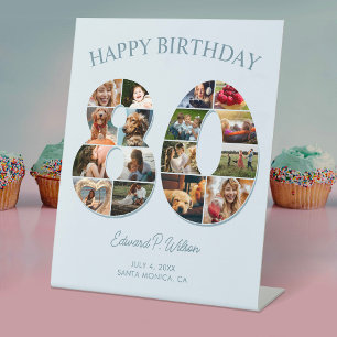 80th Birthday Photo Collage Elegant and Timeless Pedestal Sign