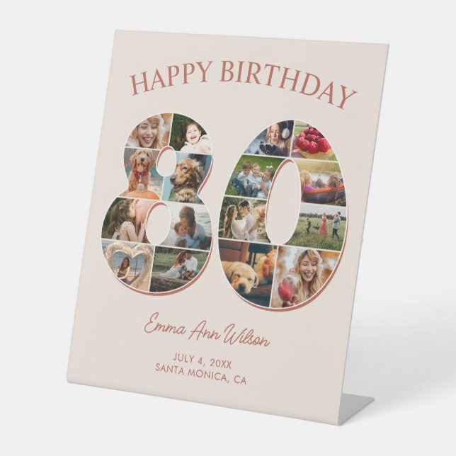 80th Birthday Photo Collage Elegant and Timeless Pedestal Sign (Front)