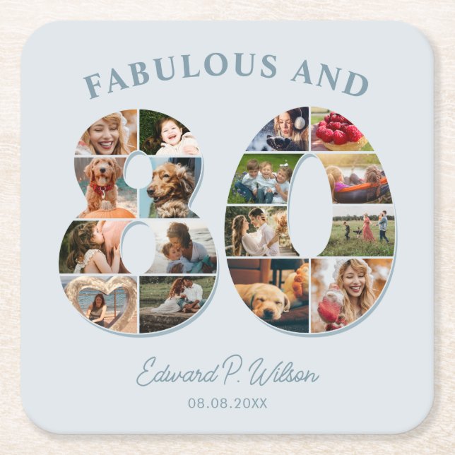 80th Birthday Photo Collage Elegant and Timeless Square Paper Coaster (Front)