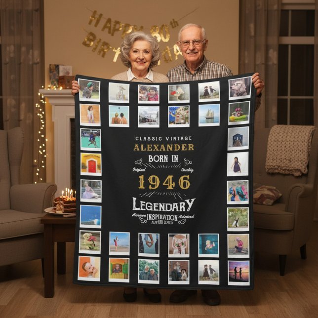80th Birthday Photo Collage Father Grandfather Fleece Blanket (1946 fleece blanket held by an elderly couple in a room.)