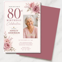80th Birthday Photo Floral Dusty Pink