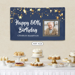 80th Birthday Photo Gold Stars Blue Personalised Banner