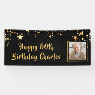 80th Birthday Photo Gold Stars Personalised Black Banner