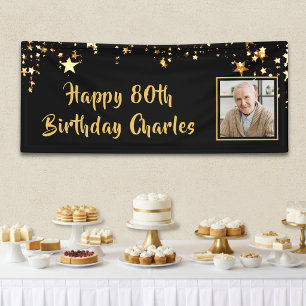 80th Birthday Photo Gold Stars Personalised Black Banner