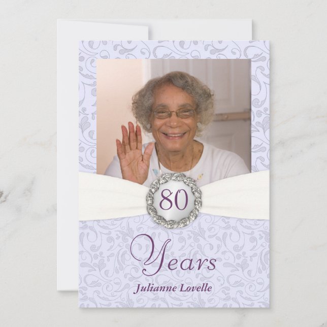 80th Birthday Photo Invitations Lavender Damask (Front)
