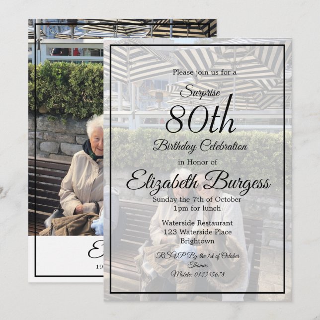 80th Birthday Photo Monogram Elegant Chic Invitation (Front/Back)