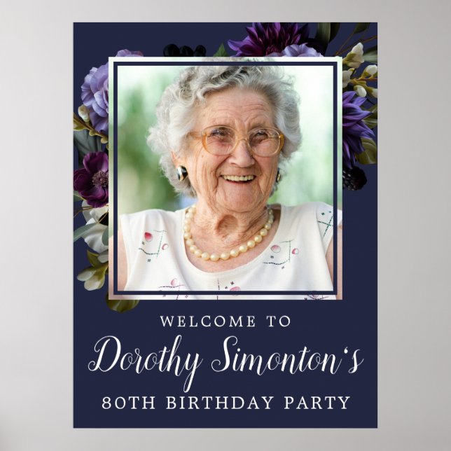 80th Birthday Photo Moody Purple Floral Welcome Poster (Front)
