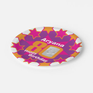 80th birthday photo name pink star paper plate