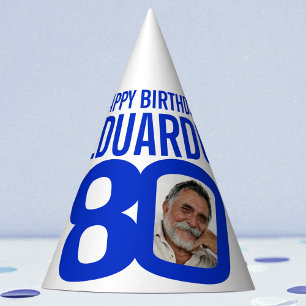 80th birthday photo personalised white blue party hat