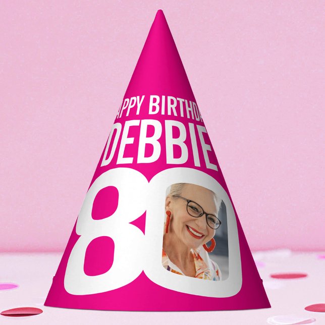 80th birthday photo personalised white hot pink party hat (Creator Uploaded)