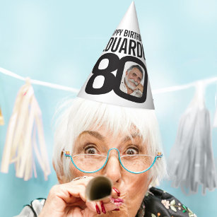 80th birthday photo personalized white black mono party hat
