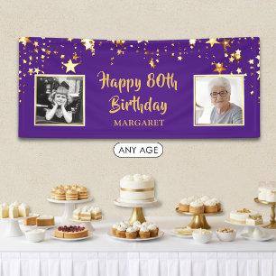 80th Birthday Photo Purple Gold Stars Personalised Banner