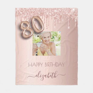 80th birthday photo rose gold blush pink drips fleece blanket