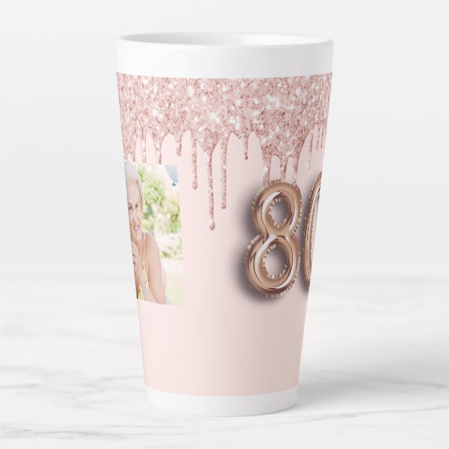 80th birthday photo rose gold glitter pink balloon latte mug (Front)
