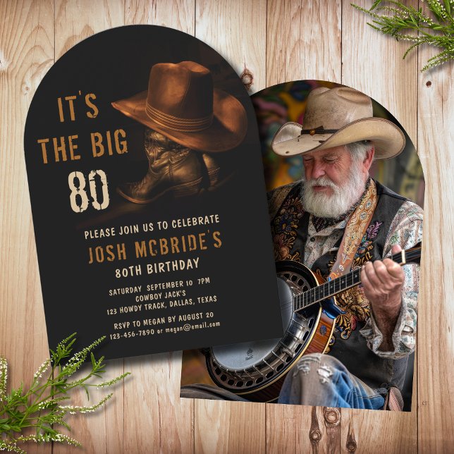 80th Birthday Photo Rustic Cowboy Hat Boots Invitation (Creator Uploaded)