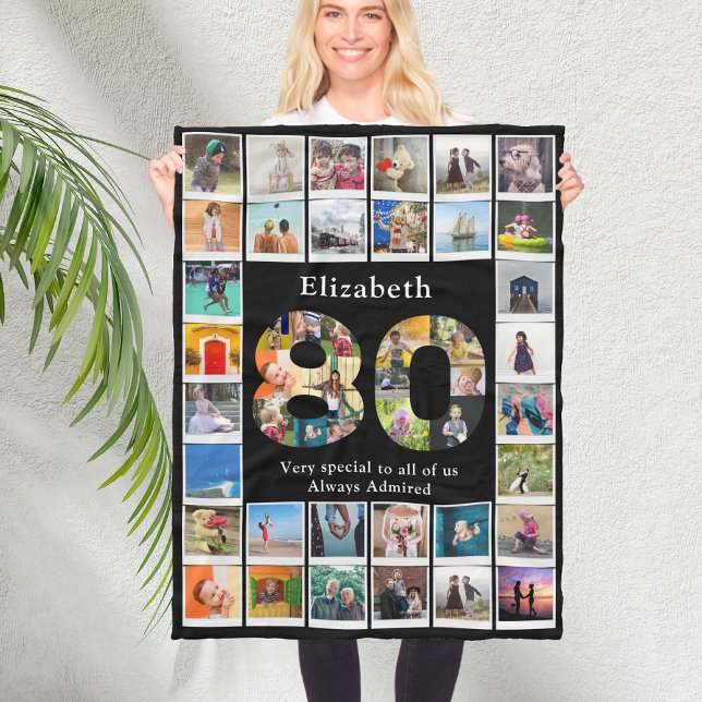 80th Birthday Photo Template Fleece Blanket (Black personalized 80th birthday fleece blanket with family photo collage template.)