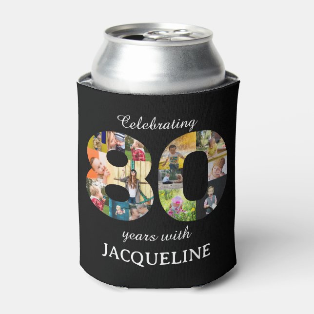 80th Birthday Photo Template Invitation Black Can Cooler (Can Front)
