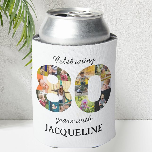 80th Birthday Photo Template Invitation Can Cooler (80th birthday personalized can cooler with family photo collage template.)