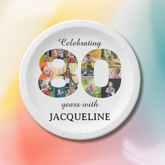 80th Birthday Photo Template Invitation Paper Plate (80th birthday personalized party paper plates with family photo collage template.)