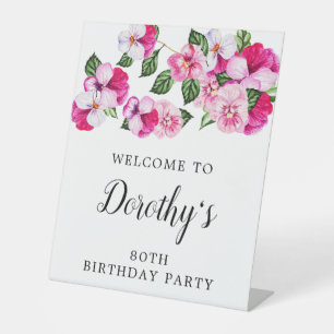 80th Birthday Pink and White Floral Pedestal Sign