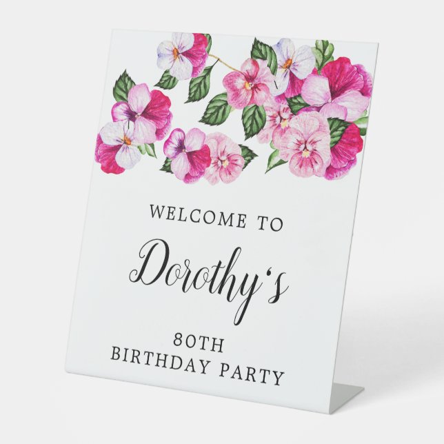 80th Birthday Pink and White Floral Pedestal Sign (Front)