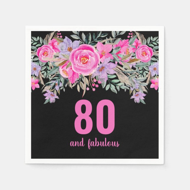 80th birthday pink black floral party napkins (Front)