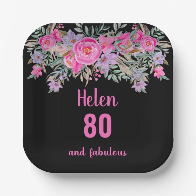 80th birthday pink black watercolor floral  paper plate (Front)