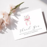 80th Birthday Pink Bow Wildflower Custom Flat Thank You Card<br><div class="desc">Elegant blush pink coquette bow accented with purple and pink wildflowers decorates this flat birthday thank you card. Open and airy script spells thank you. Two lines of text let you personalise a thank you statement and your name. All of the text is editable.</div>