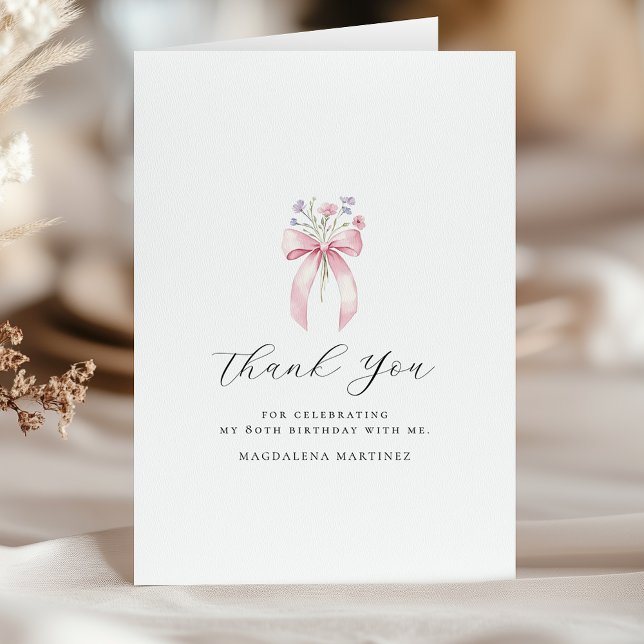 80th Birthday Pink Bow Wildflower Folded Thank You Card (Creator Uploaded)