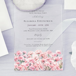 80th Birthday Pink Carnation January Birth Flower Acrylic Invitations