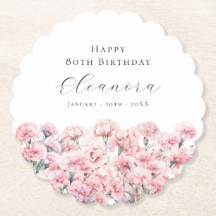 80th Birthday Pink Carnation January Birth Flower Paper Coaster