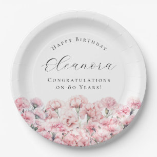 80th Birthday Pink Carnation January Birth Flower Paper Plate