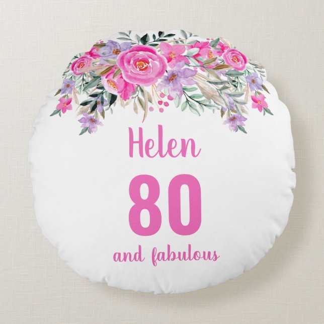 80th birthday pink floral  name round pillow (Front)