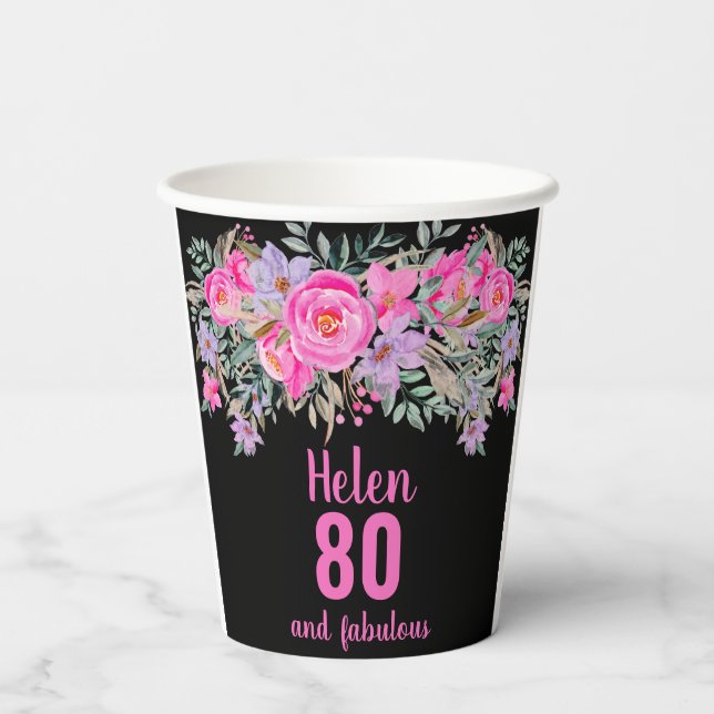 80th birthday pink floral paper cups (Back)