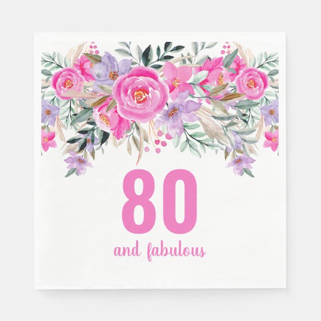 80th birthday pink floral party napkins (Front)