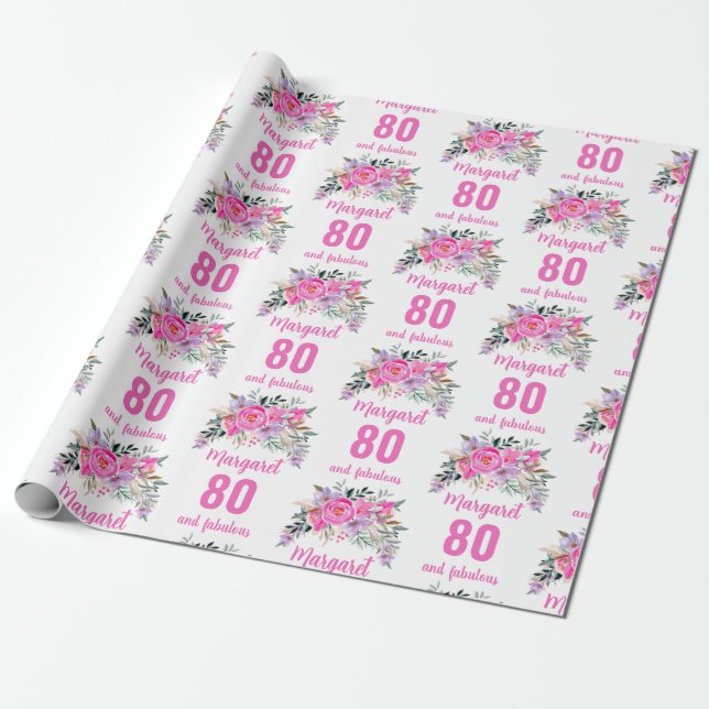 80th birthday pink floral wrapping paper (Unrolled)