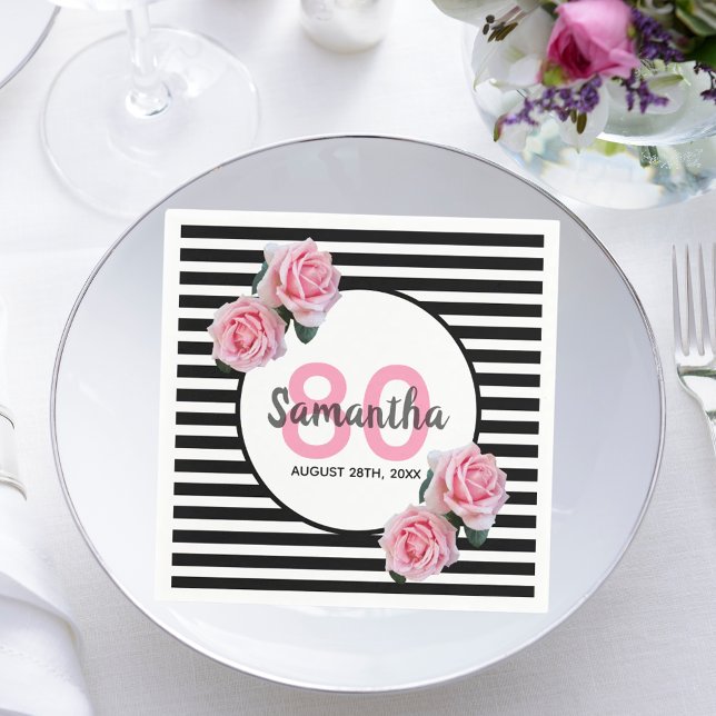 80th birthday pink flowers black stripes name napkin (Creator Uploaded)