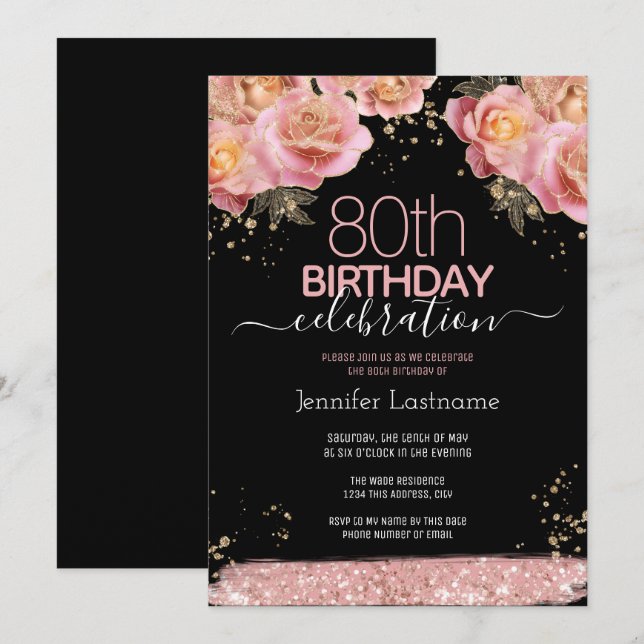 80th Birthday Pink Glitter Floral Invitations (Front/Back)