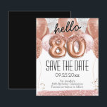 80th Birthday Pink Glitter Save the Date<br><div class="desc">hello 80 birthday party save the date pink glitter balloons. Save the date rose gold number balloons with faux pink glitter. Girly,  elegant,  trendy. Easy to adjust template.</div>