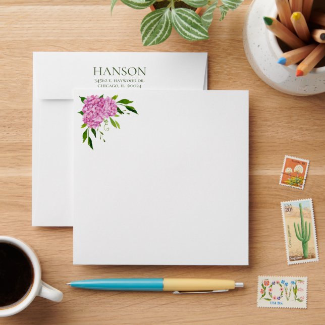 80th Birthday Pink Hydrangea Square Envelope (Desk)