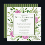80th Birthday Pink Hydrangeas Floral Watercolor Invitation<br><div class="desc">This pink hydrangea 80th birthday brunch/party invitation is whimsical and stunning! With its watercolor multi-hued pink hydrangeas, wispy natural greenery, and coordinating green striped back it is perfect for any woman you love. By selecting Personalise this template and typing in your information you can see your gorgeous invitations in seconds!...</div>