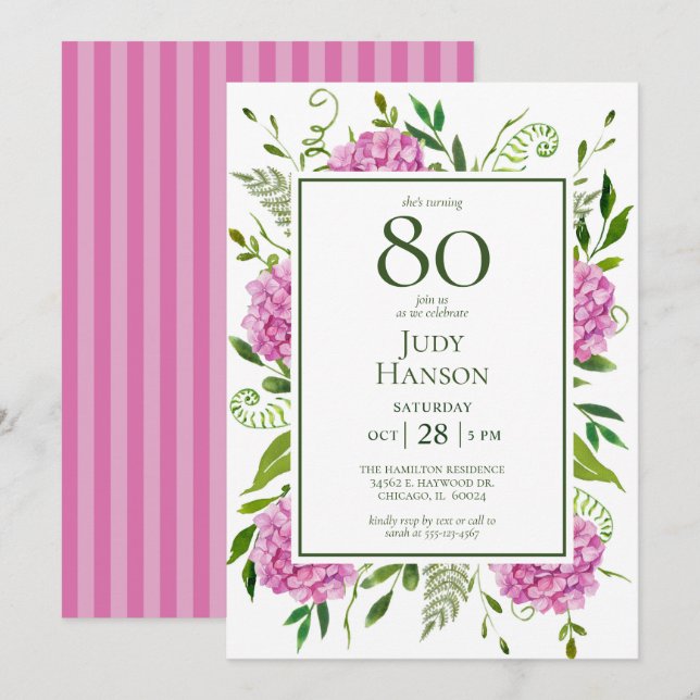 80th Birthday Pink Hydrangeas Invitation (Front/Back)
