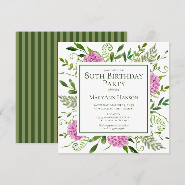 80th Birthday Pink Hydrangeas Invitation (Front/Back)