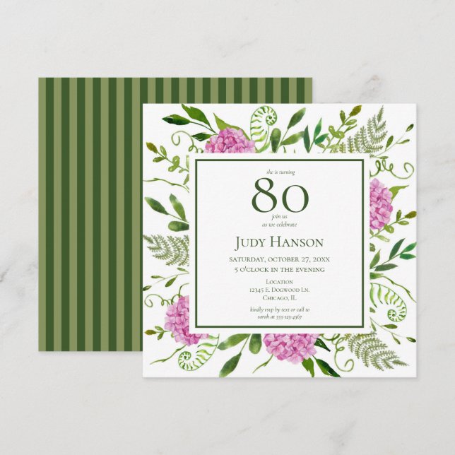 80th Birthday Pink Hydrangeas Invitation (Front/Back)