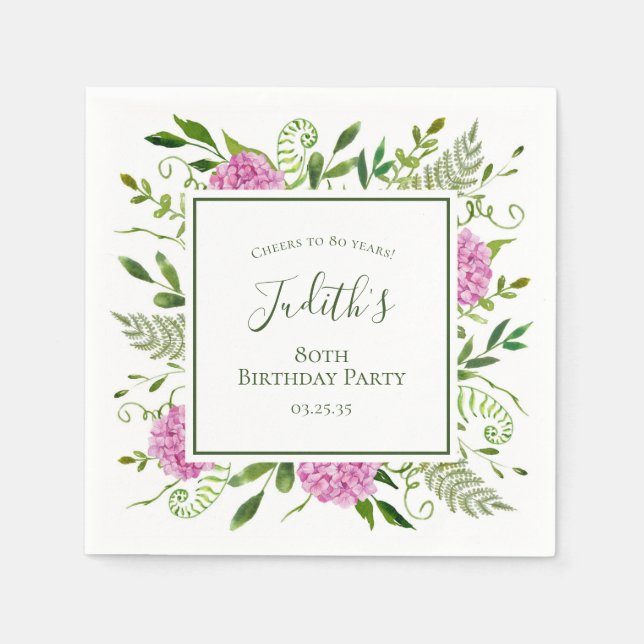 80th Birthday Pink Hydrangeas Napkin (Front)